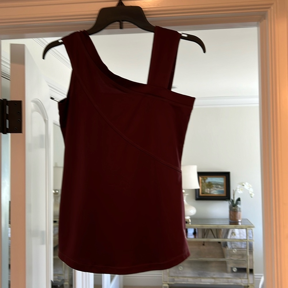 JO FIT size S, NWOT, burgundy poly/spandex, athletic, asymmetrical tank style